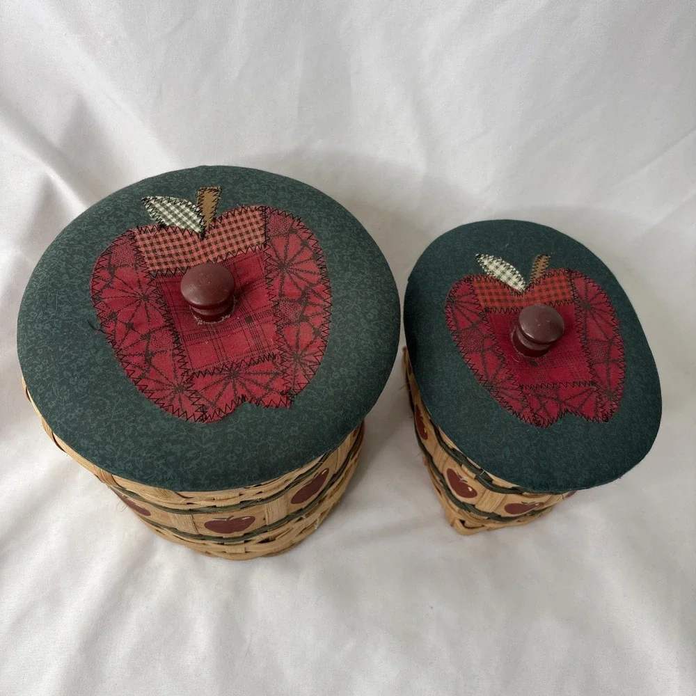 Vtg Cottagecore Woven Wood Apple Baskets w Fabric Patchwork Lids Set Of 2 Rustic